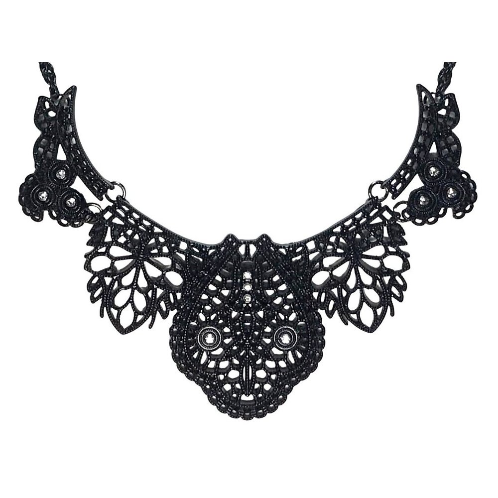 Stylized Swooping Bird Japanned Black Filagree Metal and Rhinestone Bib Necklace - Picture 2 of 5